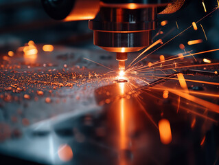 AI generated Laser ray engraving action on metal, bright light point, technological, industrial, dark scene