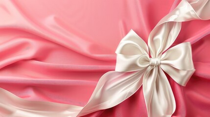 Holiday pink background with gift, white satin bow, ribbon. Valentine's Day, Happy Women's Day, Mother's Day, Birthday, Wedding, Christmas. space for text, banner, flyer