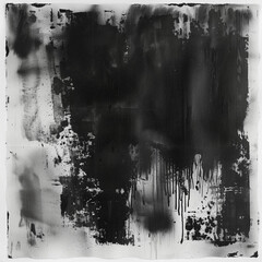 Black and white abstract painting, watercolor on paper, with ink drips, dark grunge, large brush strokes, low contrast, low detail, simple lines, ai generated.