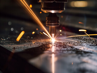 AI generated Laser ray engraving action on metal, bright light point, technological, industrial, dark scene
