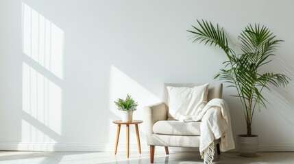 Ideas for modern minimal home interior design. Gray vintage armchair with white pillow and blanket, table with green plant in pot on floor, on light wall background, panorama, copy space, nobody