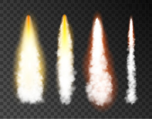 Rocket fire 3d smoke isolated jet effect flame. Rocket launch smoke plane space vector air background.