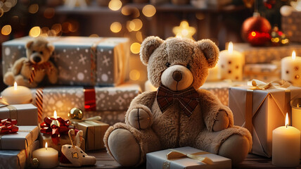 Cute teddy bear toy wrapped in homemade Christmas decoration, AI Generative.