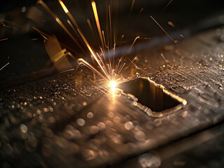 AI generated Laser ray engraving action on metal, bright light point, technological, industrial, dark scene