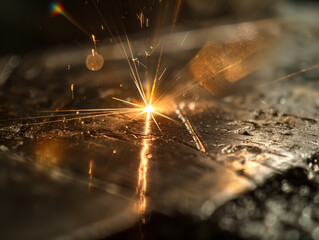 AI generated Laser ray engraving action on metal, bright light point, technological, industrial, dark scene