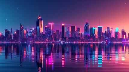 Fototapeta na wymiar futuristic neonlit metropolis skyline reflecting in tranquil waters vibrant 3d cityscape illustration