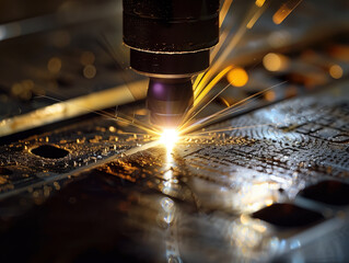 AI generated Laser ray engraving action on metal, bright light point, technological, industrial, dark scene