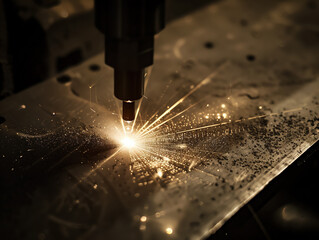 AI generated Laser ray engraving action on metal, bright light point, technological, industrial, dark scene