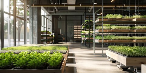 City farm. Germination of seedlings in a greenhouse. Healthy organic food concept. Small business in agriculture. Vertical racks. Local farming