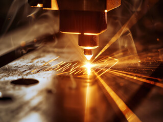 AI generated Laser ray engraving action on metal, bright light point, technological, industrial, dark scene