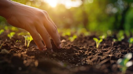 Male hands touching soil on the field. Expert hand of farmer checking soil health before growth a seed of vegetable or plant seedling. Business or ecology concept.