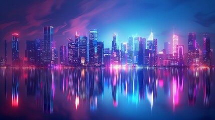 futuristic neonlit metropolis skyline reflecting in tranquil waters vibrant 3d cityscape illustration - obrazy, fototapety, plakaty