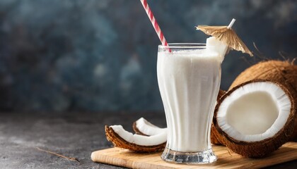 coconut milk shake glass with fresh sliced coconut and straw generative ai