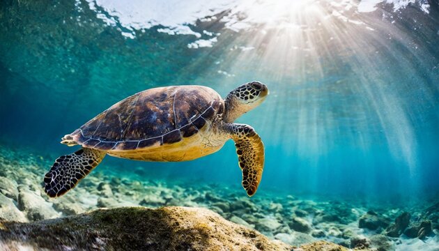 underwater wild turtle floating over beautiful natural ocean background with sunlight through water surface generative ai
