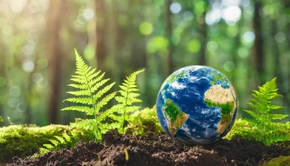 Foto op Canvas planet earth on soil with green moss and ferns in sunny forest with bokeh background ecology and earth day concept map provided by nasa © Kendrick