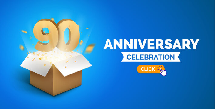 Anniversary birthday 90 years golden background. Happy vector poster 90 anniversary box confetti celebration poster.