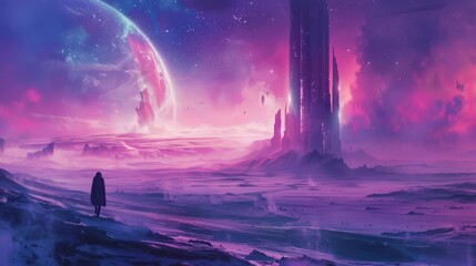 futuristic scifi landscape with mysterious structure on distant horizon dreamy concept art illustration - obrazy, fototapety, plakaty