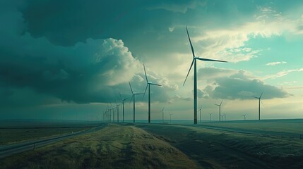 Panoramic view of wind farm or wind park, with high wind turbines for generation electricity with copy space. Green energy concept.