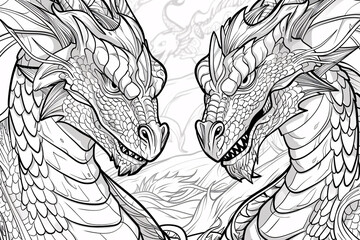 Detailed line art of two dragons facing each other