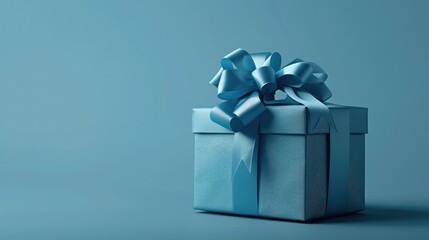 Obraz premium Part of Luxury gift box with a blue bow on blue. side view monochrome. Fathers day or Valentines day gift for him. Corporate gift concept or birthday party. Festive sale wide banner