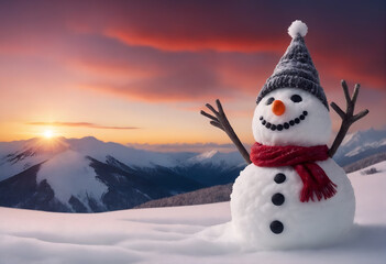 Obraz premium Funny snowman in winter mountain scenery. Merry christmas and happy new year.