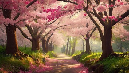 cherry blossom trees woodland forest japan japanese blossoms tree seasonal pink bloom generated ai