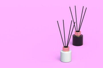 Reed diffusers with aroma sticks on pink background.  Fragrance for home. Perfume oil. Copy space. 3d render