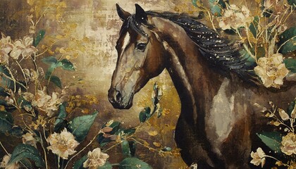 background vintage illustration horse chinoiserie golden brushstrokes textured background oil on...