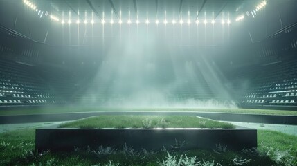 podium in the center of a stadium, surrounded by rows of empty seats and light flashes. The podium...