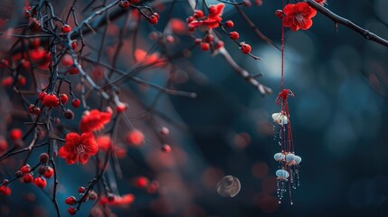 Red and white beautiful martisor hanging on the branches of the tree in the evening with dark background. Space for text. - obrazy, fototapety, plakaty