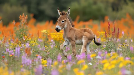   A foal gallops through an orange, pink, yellow, and purple wildflower field