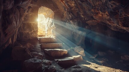 Resurrection of Jesus Christ. Religious Easter background, with strong light rays shining through the entrance into the empty stone tomb. Artistic strong vignette, contrast, dramatic dark-light edit