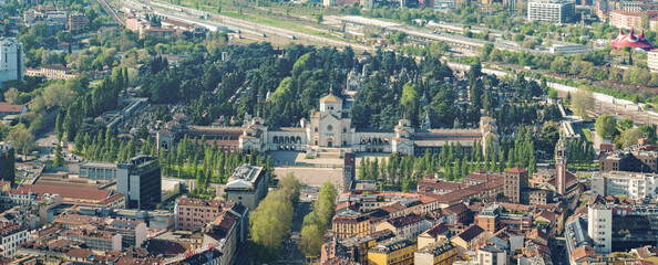 Aerial view of Monumental Cemetery, Milan, Lombardy. Entrance to the cemetery, architecture. Famedio, a cemetery of high artistic value for sculptures, tombs, funerary edemas and other works