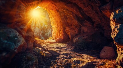 Resurrection of Jesus Christ. Religious Easter background, with strong light rays shining through the entrance into the empty stone tomb. Artistic strong vignette, contrast, dramatic dark-light edit