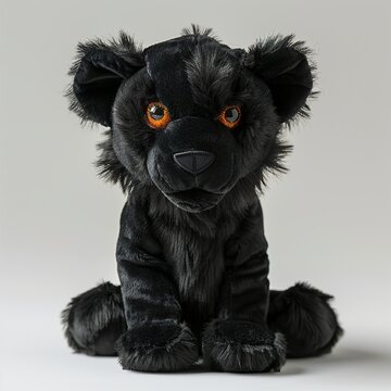 A cute black lion plush toy on a white background emanating an aura of sweetness and innocence. Fierce black lion with soft plush and friendly expression.