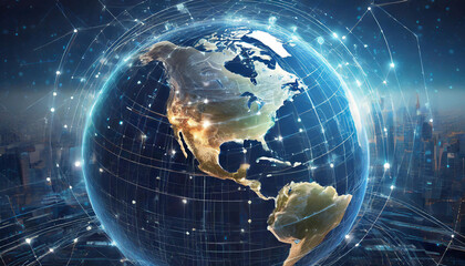 Digital world globe centered on North America, concept of North America global network and connectivity, data transfer and cyber technology, information exchange and telecommunication