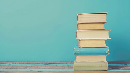 Simple composition of hardback books, raw of books on wooden deck table and blue background. Books...