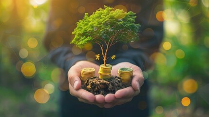 Socially responsible investing concept: Businessman hands holding stacks of golden coins and big tree on blurred green forest background - obrazy, fototapety, plakaty