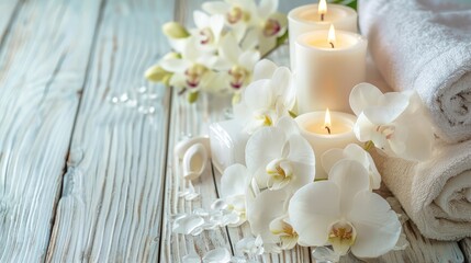 Fototapeta na wymiar Spa composition with aromatic candles, orchid flower and towel on white wooden table. Beauty spa treatment. copy space