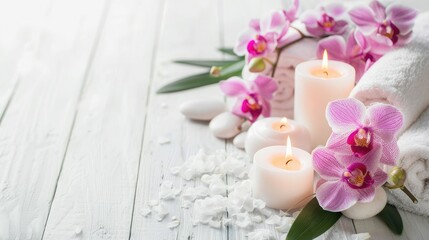 Spa composition with aromatic candles, orchid flower and towel on white wooden table. Beauty spa treatment. copy space