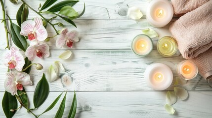 Spa composition with aromatic candles, orchid flower and towel on white wooden table. Beauty spa...