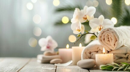 Spa composition with aromatic candles, orchid flower and towel on white wooden table. Beauty spa...