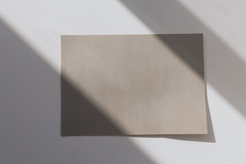 Empty gray rectangle poster or business card mockup with shadows on soft white background. Abstract...