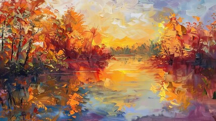 Obraz na płótnie Canvas golden autumn sunset reflecting on a tranquil river impressionist landscape painting