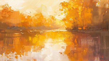 golden autumn sunset reflecting on a tranquil river impressionist landscape painting - obrazy, fototapety, plakaty