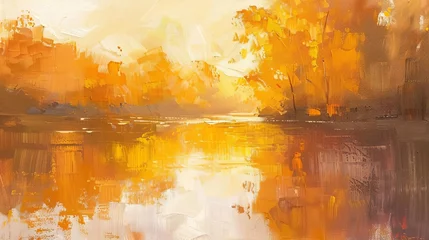 Tuinposter golden autumn sunset reflecting on a tranquil river impressionist landscape painting © Bijac