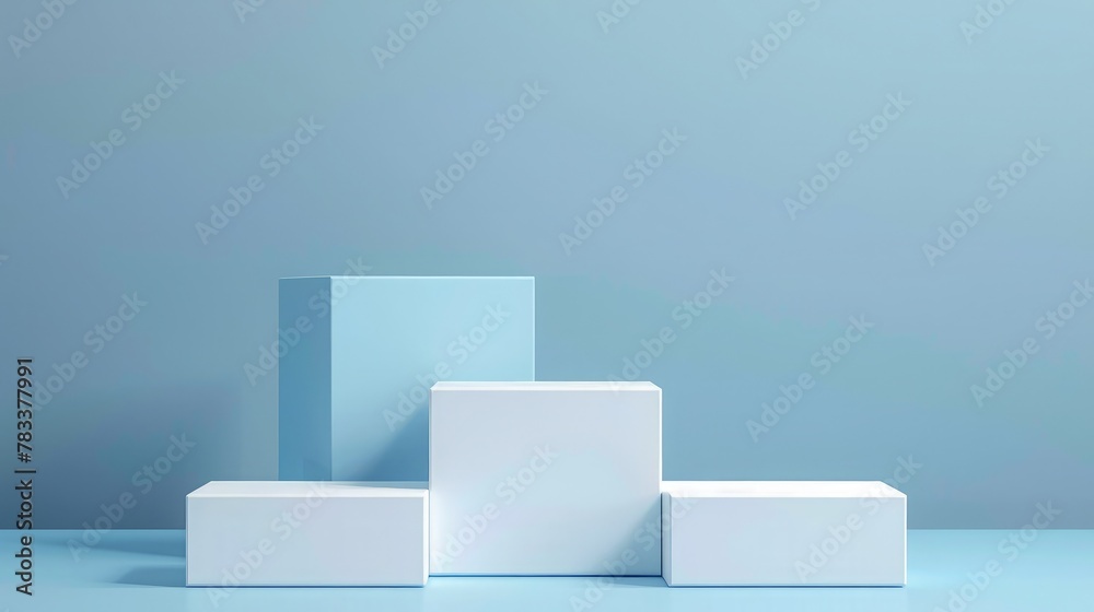 Fototapete Square podiums are white. Abstract background. A stage for the demonstration of cosmetics. Podium for the award, consisting of three 3 square figures of different sizes on a blue background. Showcase