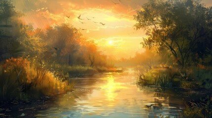 golden sunrise illuminating idyllic river landscape digital painting