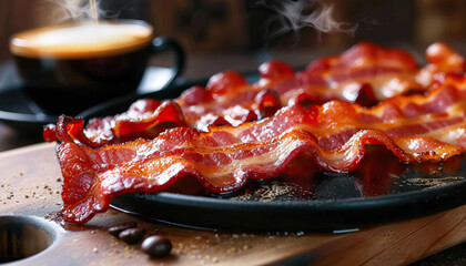 The aroma of sizzling bacon and brewing coffee filled the kitchen, signaling the start of a lazy Sunday morning. - obrazy, fototapety, plakaty