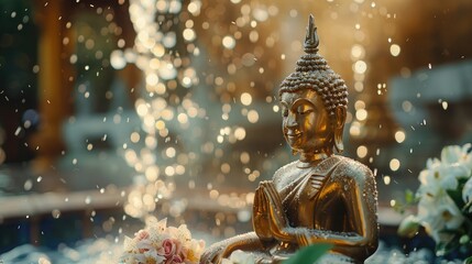 Sprinkle water onto buddha with water with flowers , thai traditional perfume and Jasmine garland...